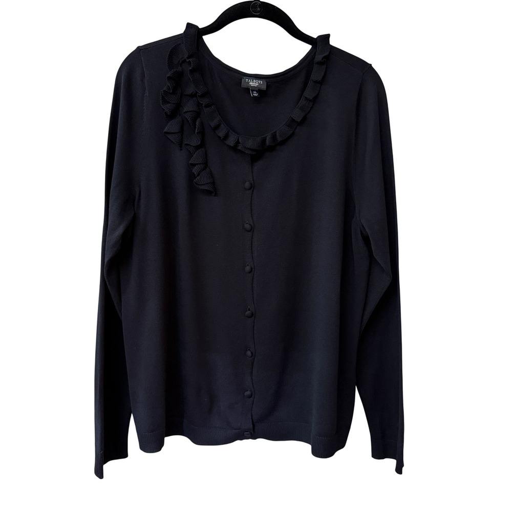 Talbots Women Ruffle Trim Cardigan Silk Cotton Size XL Petite Black Professional
